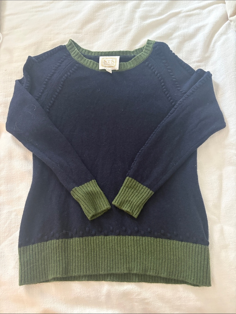 Sail to Sable Navy Crewneck Sweater with Olive Trim